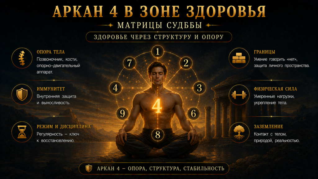 сгенерируй квадратное изображение на тему (сократи наполовину обьем текста на картинке) Аркан 4 в зоне здоровья матрицы судьбы