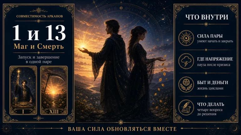 Инфографика: совместимость арканов 1 и 13 в матрице судьбы, Маг и Смерть