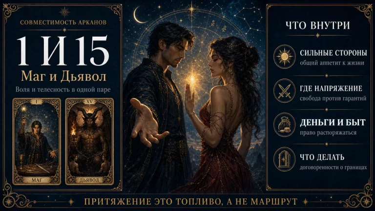 Инфографика совместимость арканов 1 и 15 в матрице судьбы, Маг и Дьявол