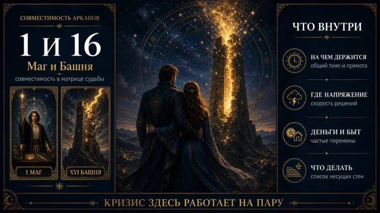 Совместимость арканов 1 и 16 в матрице судьбы: пара смотрит на башню, которую разрывает золотой свет