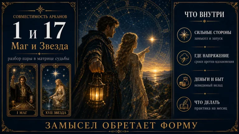 Совместимость арканов 1 и 17 в матрице судьбы: мужчина с фонарём и женщина, указывающая на звезду