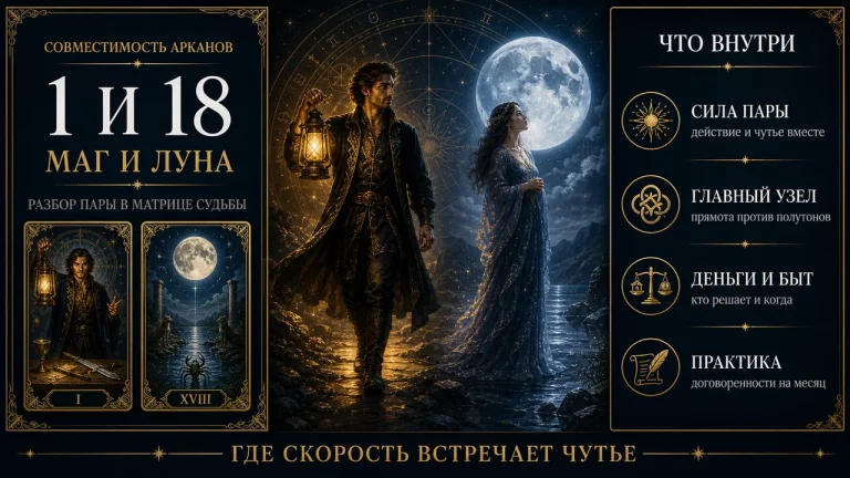 Совместимость арканов 1 и 18 в матрице судьбы: мужчина с фонарём и женщина под полной луной