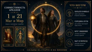 Инфографика совместимости арканов 1 и 21, Маг и Мир, с разбором сильных сторон пары и точек напряжения