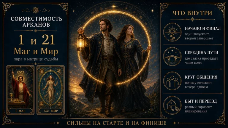 Инфографика совместимости арканов 1 и 21, Маг и Мир, с разбором сильных сторон пары и точек напряжения