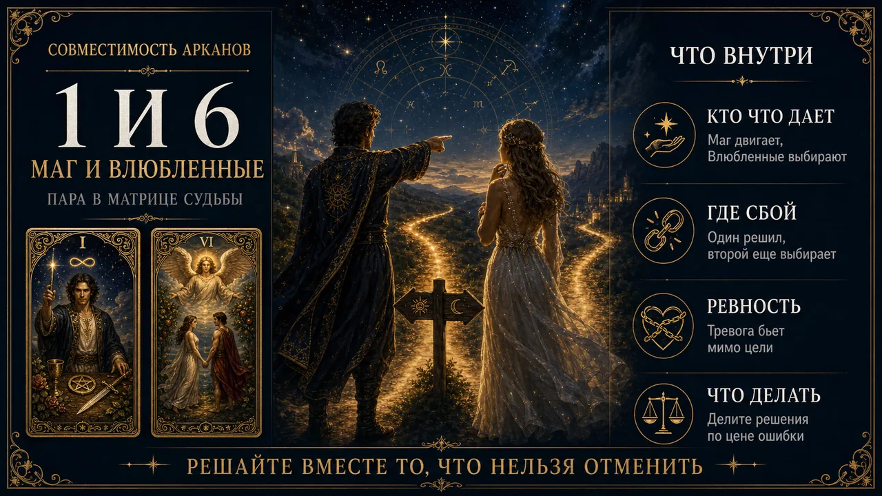 Инфографика совместимость арканов 1 и 6 в матрице судьбы, Маг и Влюблённые