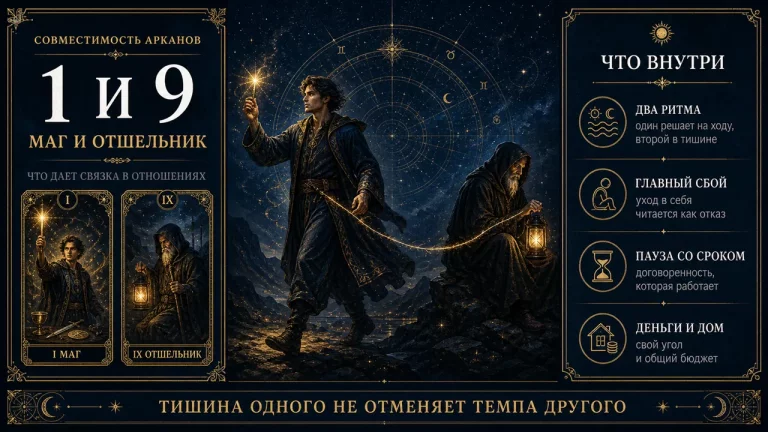 Инфографика совместимость арканов 1 и 9 в матрице судьбы, Маг и Отшельник