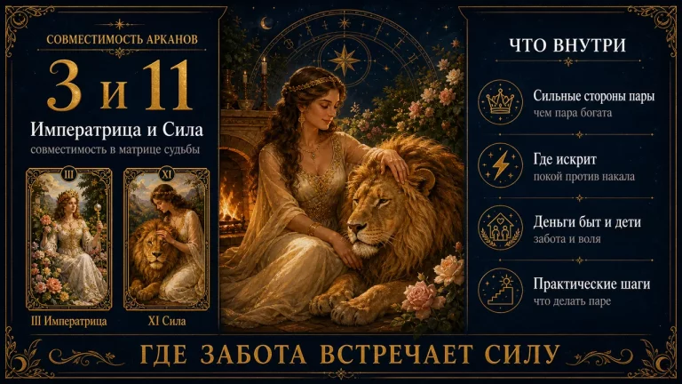 Инфографика совместимости арканов 3 и 11 в матрице судьбы: Императрица и Сила