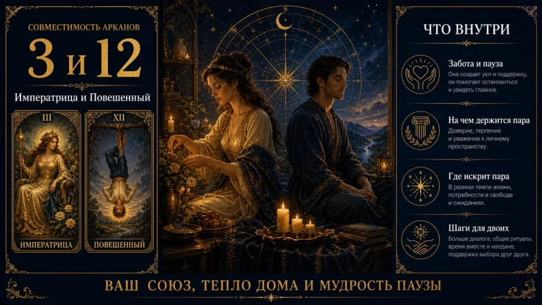 Инфографика совместимости арканов 3 и 12 в матрице судьбы: Императрица и Повешенный