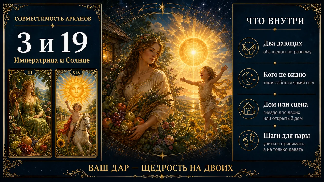 Инфографика: совместимость арканов 3 и 19 в матрице судьбы, Императрица и Солнце