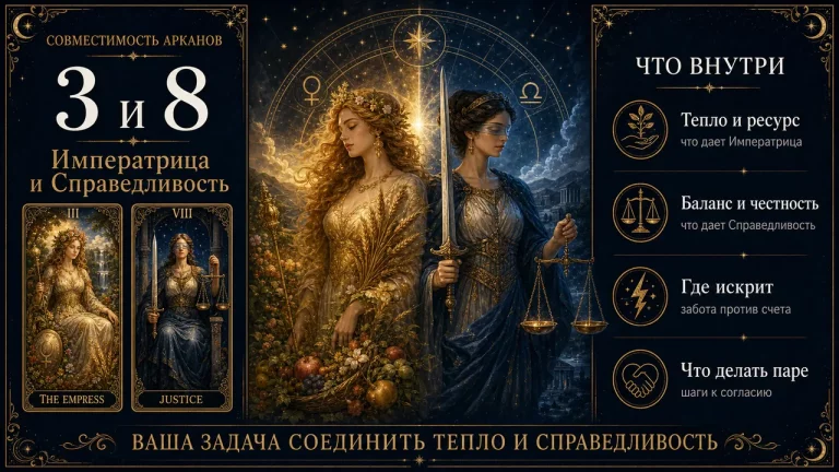 Инфографика совместимости арканов 3 и 8 в матрице судьбы: Императрица и Справедливость