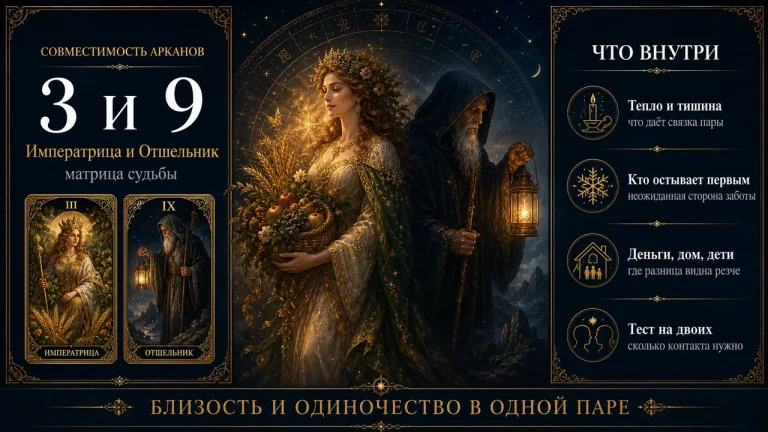 Совместимость арканов 3 и 9 в матрице судьбы: инфографика пары Императрица и Отшельник