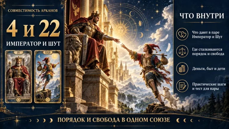 Совместимость арканов 4 и 22 в матрице судьбы: Император и Шут, инфографика пары