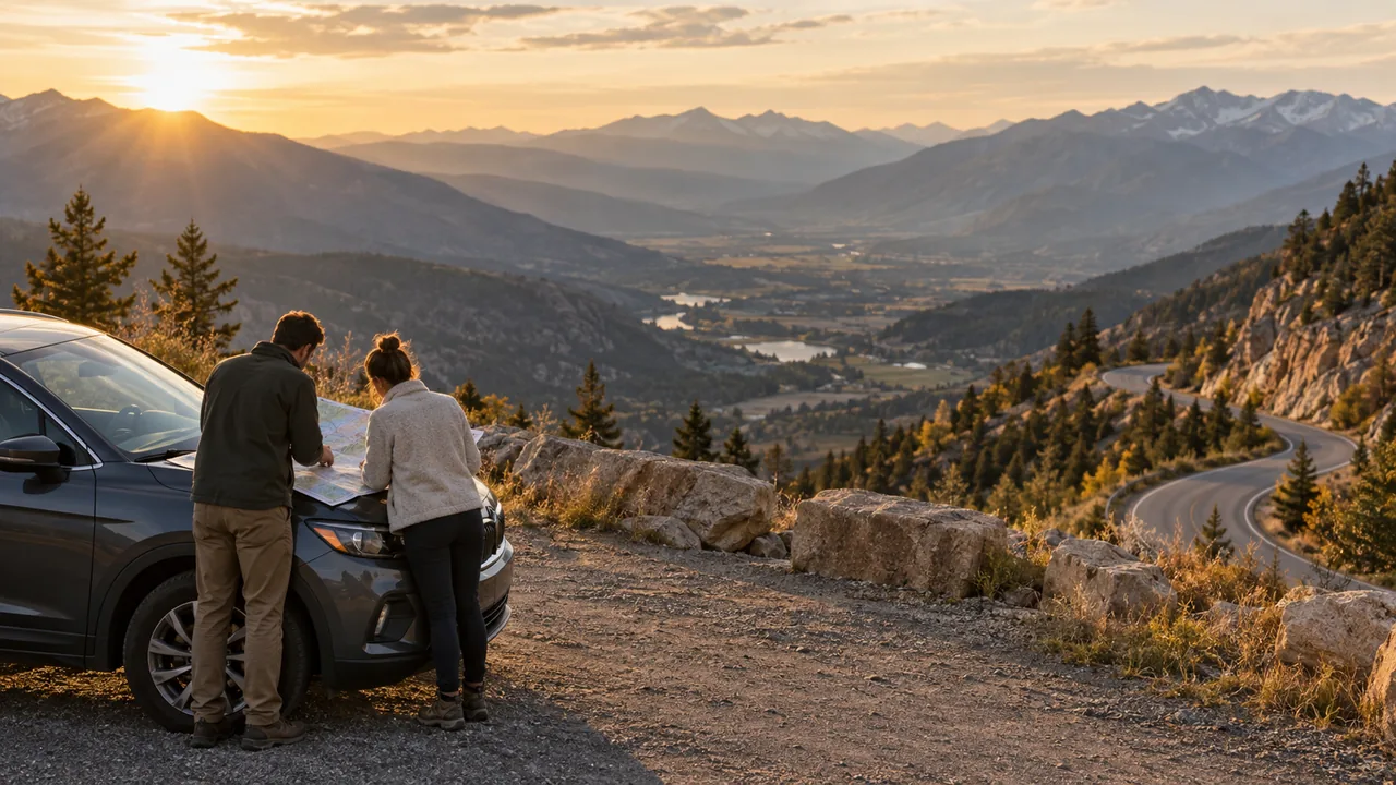 Пара изучает дорожную карту на капоте машины над горной долиной