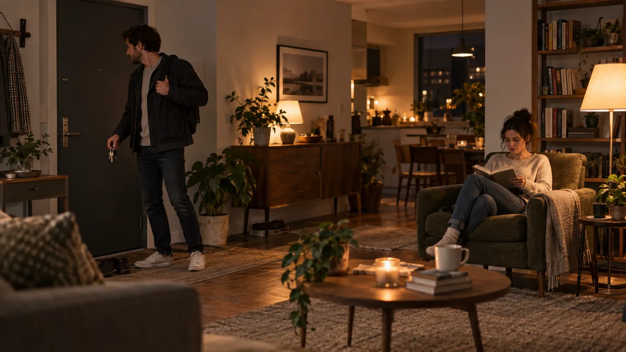 Вечером один партнёр собирается уходить, другой спокойно читает в кресле, разные ритмы пары