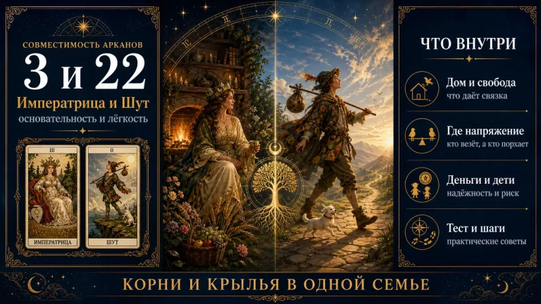 Совместимость арканов 3 и 22 в матрице судьбы: Императрица и Шут, инфографика