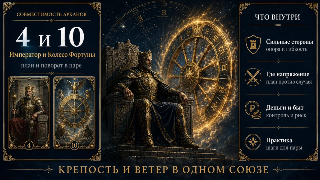 Инфографика: совместимость арканов 4 и 10 в матрице судьбы, Император и Колесо Фортуны