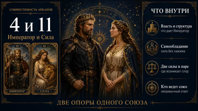 Инфографика: совместимость арканов 4 и 11 в матрице судьбы, Император и Сила