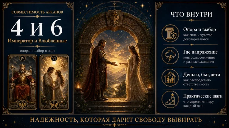 Совместимость арканов 4 и 6 в матрице судьбы: Император и Влюблённые, инфографика