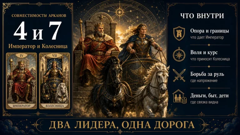 Совместимость арканов 4 и 7 в матрице судьбы: Император и Колесница, инфографика