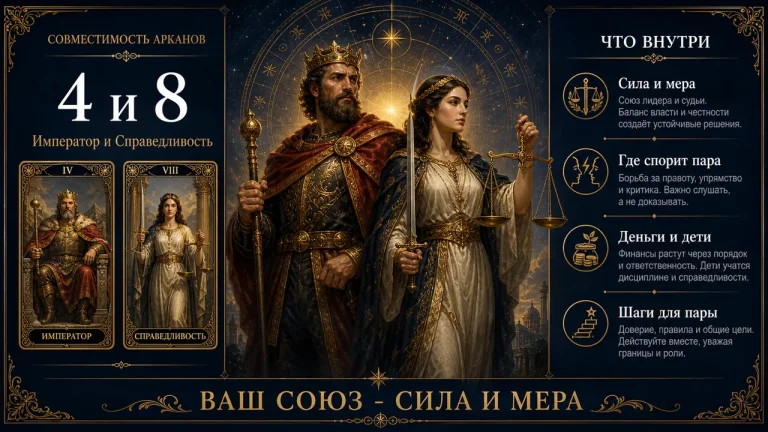 Совместимость арканов 4 и 8 в матрице судьбы: Император и Справедливость, инфографика