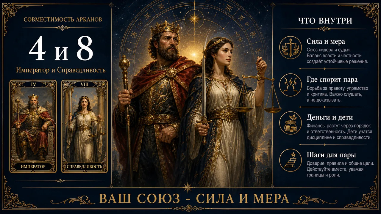 Совместимость арканов 4 и 8 в матрице судьбы: Император и Справедливость, инфографика