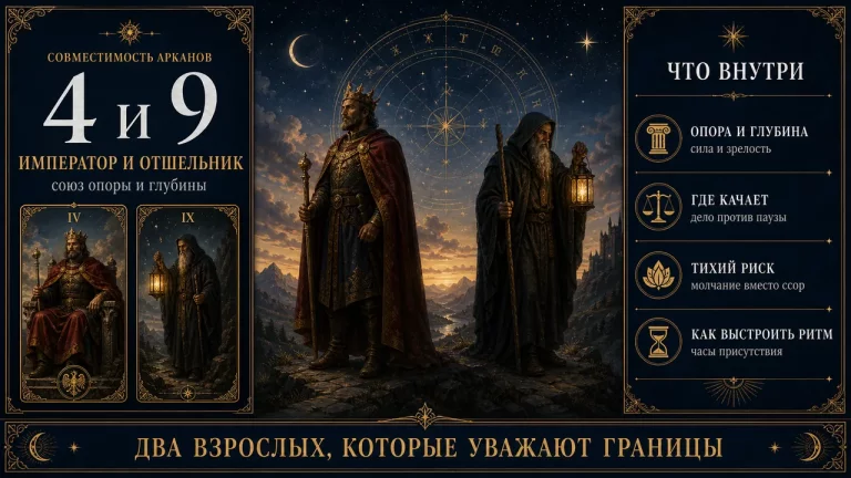 Инфографика: совместимость арканов 4 и 9 в матрице судьбы, Император и Отшельник