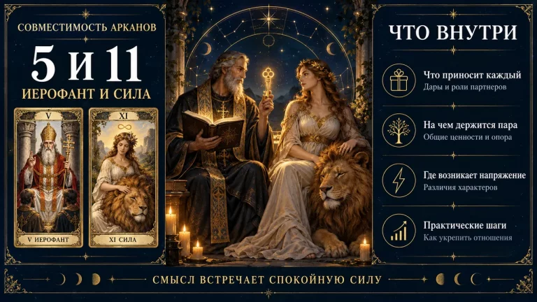 Совместимость арканов 5 и 11: Иерофант и Сила в паре, инфографика