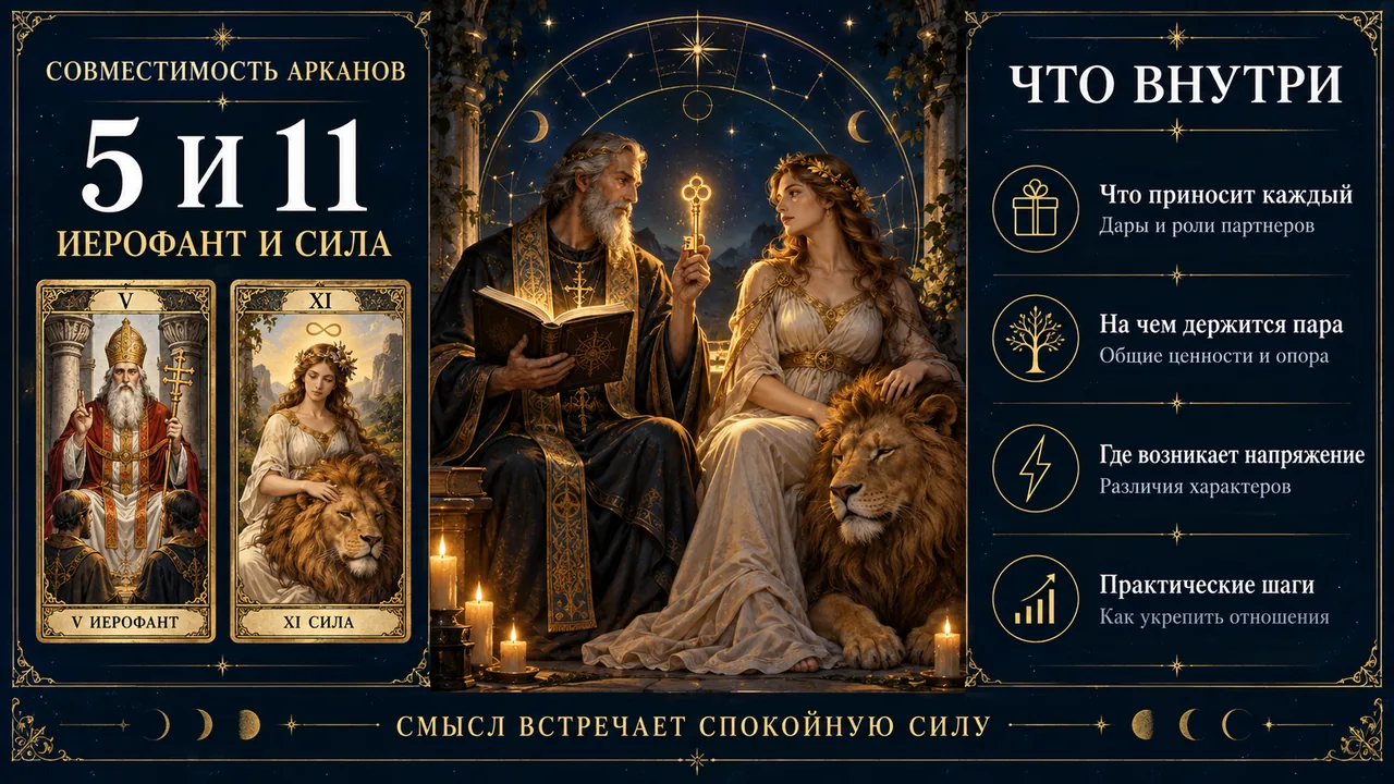 Совместимость арканов 5 и 11: Иерофант и Сила в паре, инфографика