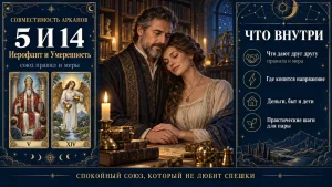 Совместимость арканов 5 и 14 в матрице судьбы: Иерофант и Умеренность, брендовая инфографика пары