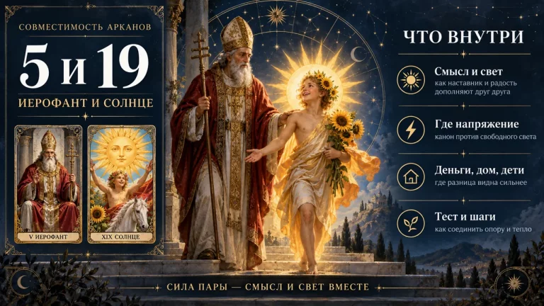 Совместимость арканов 5 и 19 в матрице судьбы: Иерофант и Солнце, инфографика