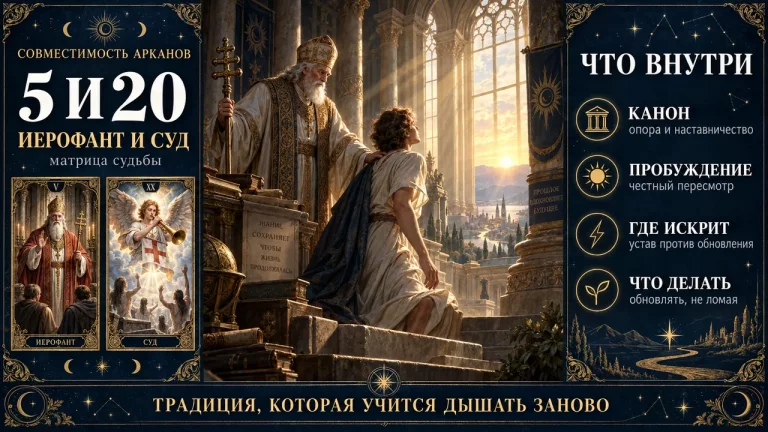 Совместимость арканов 5 и 20 в матрице судьбы: Иерофант и Суд, инфографика