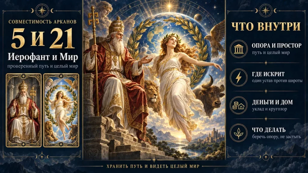 Совместимость арканов 5 и 21 в матрице судьбы: Иерофант и Мир