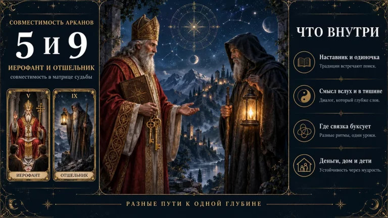 Инфографика совместимость арканов 5 и 9 в матрице судьбы, Иерофант и Отшельник