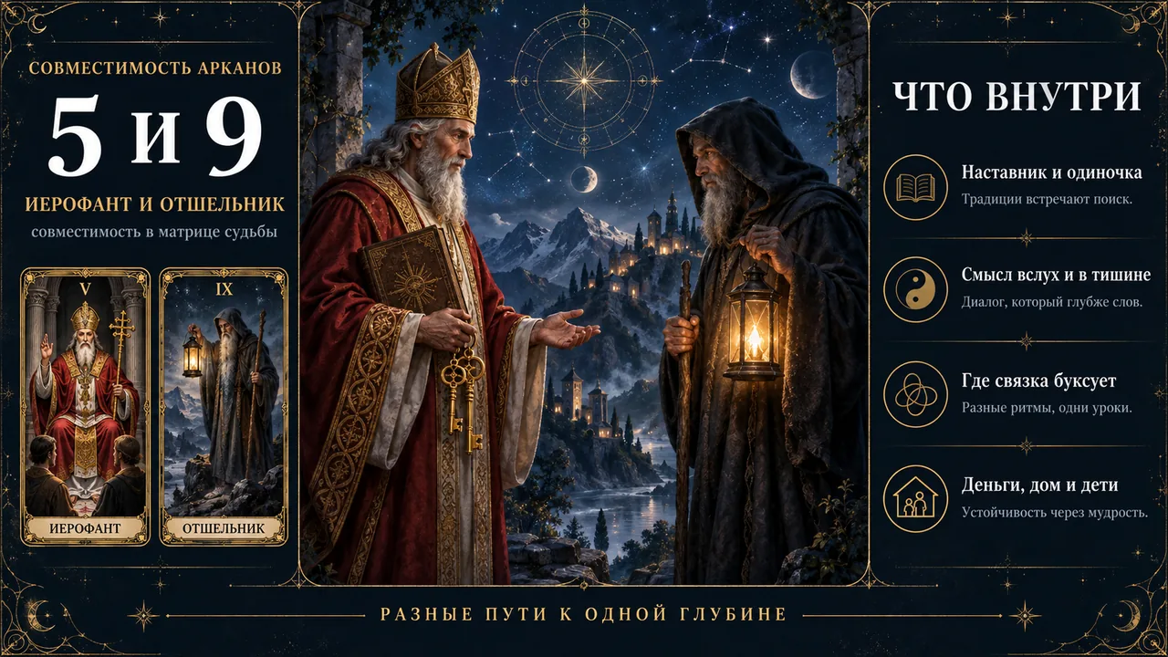 Инфографика совместимость арканов 5 и 9 в матрице судьбы, Иерофант и Отшельник