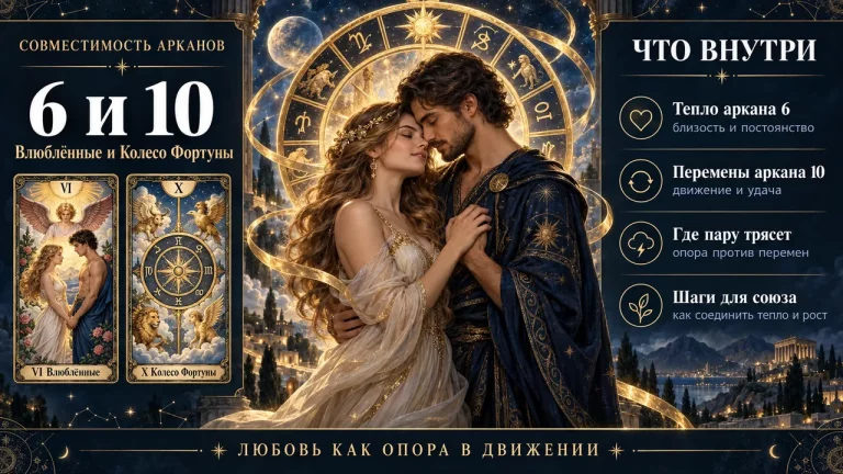 Совместимость арканов 6 и 10 в матрице судьбы: Влюблённые и Колесо Фортуны, инфографика пары
