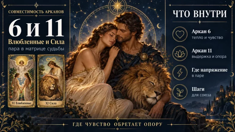 Совместимость арканов 6 и 11 в матрице судьбы: Влюблённые и Сила, инфографика пары