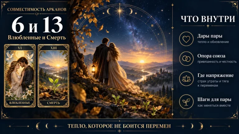 Совместимость арканов 6 и 13 в матрице судьбы: Влюблённые и Смерть, инфографика пары