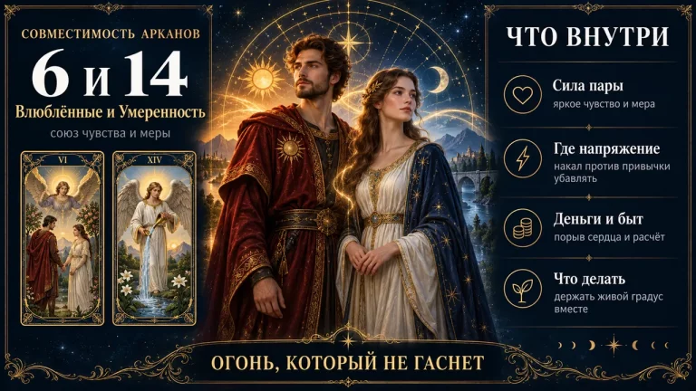 Совместимость арканов 6 и 14 в матрице судьбы: Влюблённые и Умеренность, брендовая инфографика пары