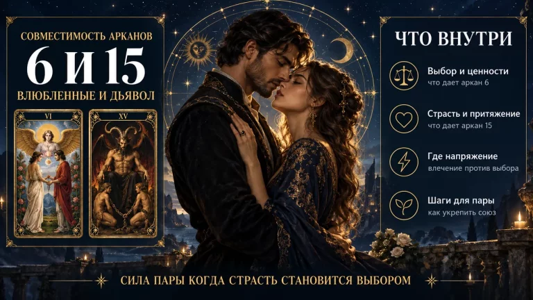 Инфографика: совместимость арканов 6 и 15 в матрице судьбы, Влюблённые и Дьявол