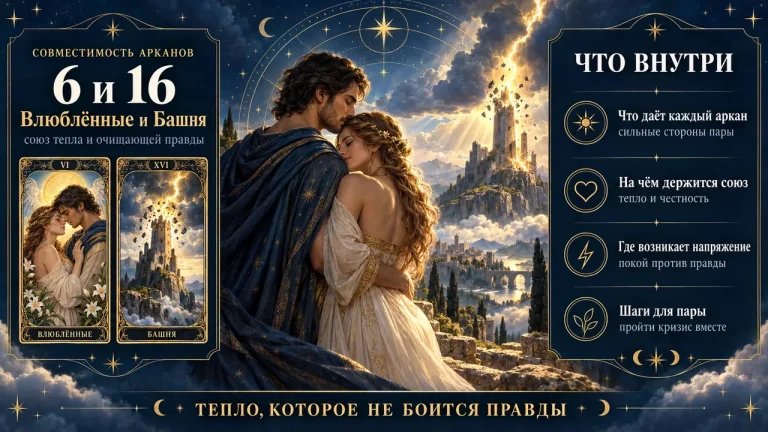 Совместимость арканов 6 и 16 в матрице судьбы: Влюблённые и Башня, инфографика пары