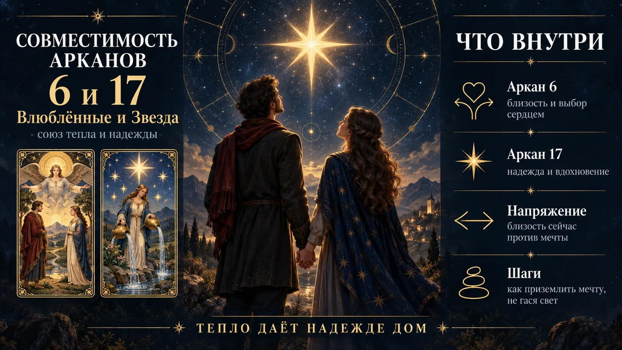 Совместимость арканов 6 и 17 в матрице судьбы: Влюблённые и Звезда, инфографика пары