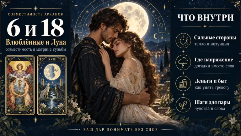 Совместимость арканов 6 и 18 в матрице судьбы: Влюблённые и Луна, инфографика пары