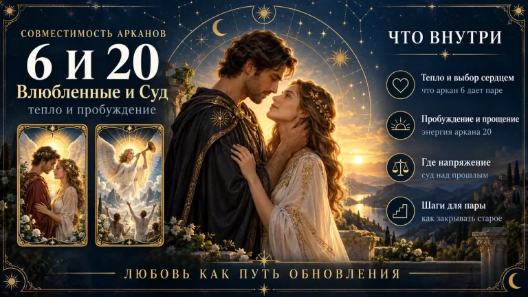 Совместимость арканов 6 и 20 в матрице судьбы: Влюблённые и Суд, инфографика пары