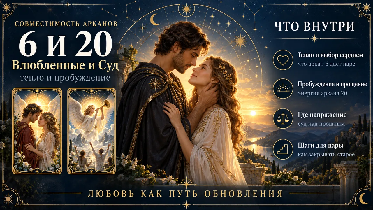 Совместимость арканов 6 и 20 в матрице судьбы: Влюблённые и Суд, инфографика пары