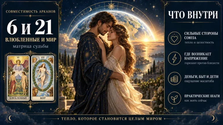 Совместимость арканов 6 и 21 в матрице судьбы: Влюблённые и Мир, пара на фоне сияющего мира
