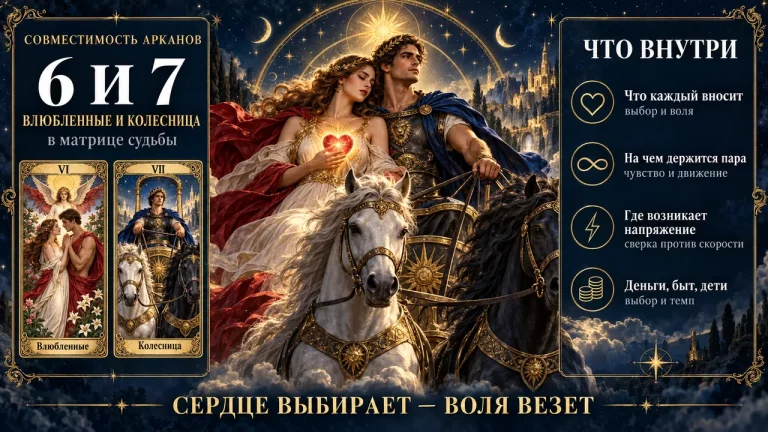 Совместимость арканов 6 и 7 в матрице судьбы: Влюблённые и Колесница, инфографика