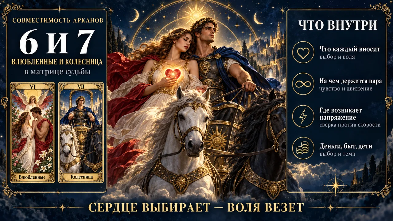 Совместимость арканов 6 и 7 в матрице судьбы: Влюблённые и Колесница, инфографика
