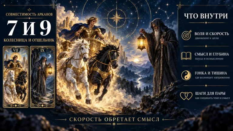 Совместимость арканов 7 и 9 в матрице судьбы: Колесница и Отшельник, инфографика пары