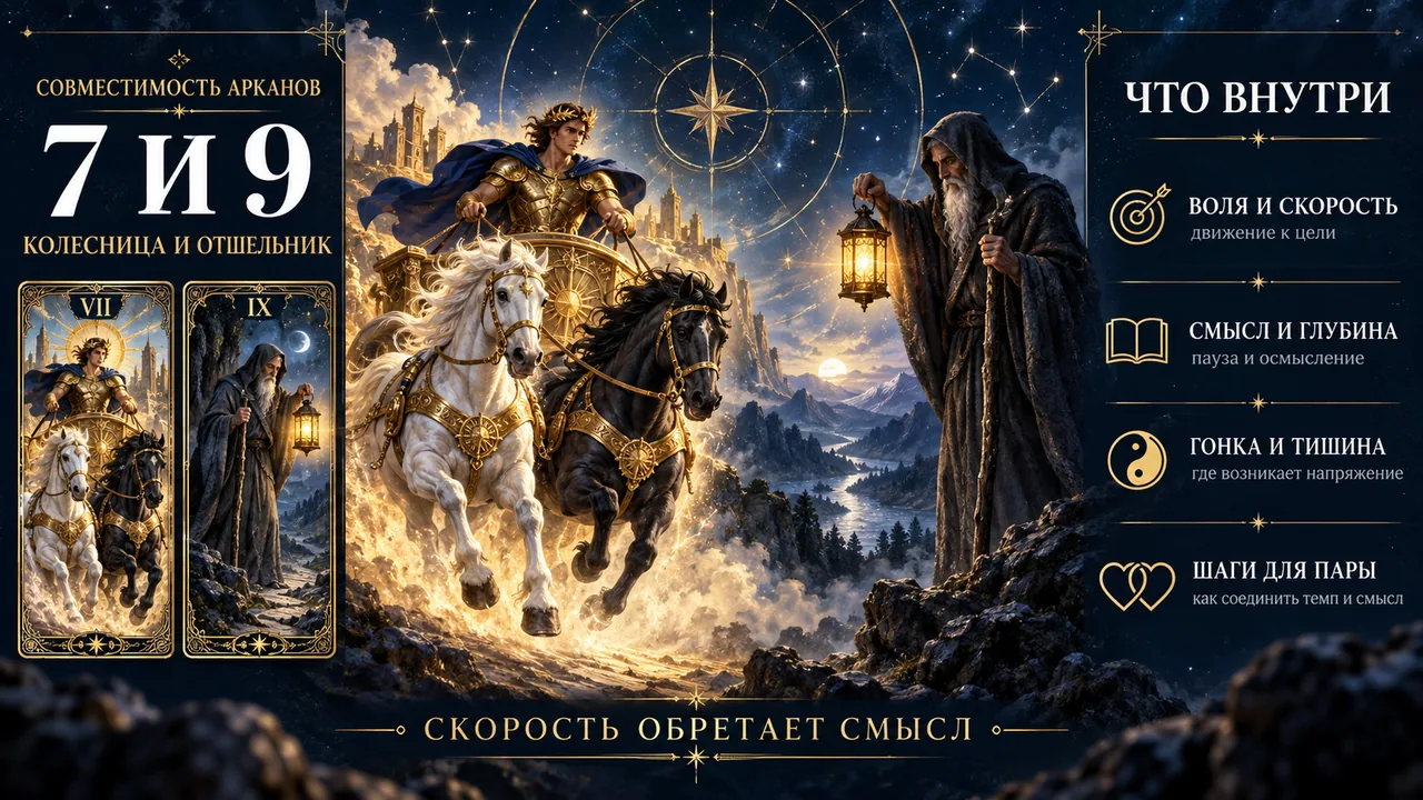 Совместимость арканов 7 и 9 в матрице судьбы: Колесница и Отшельник, инфографика пары