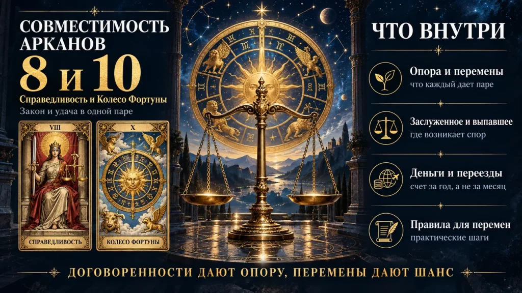 Совместимость арканов 8 и 10 в матрице судьбы: Справедливость и Колесо Фортуны